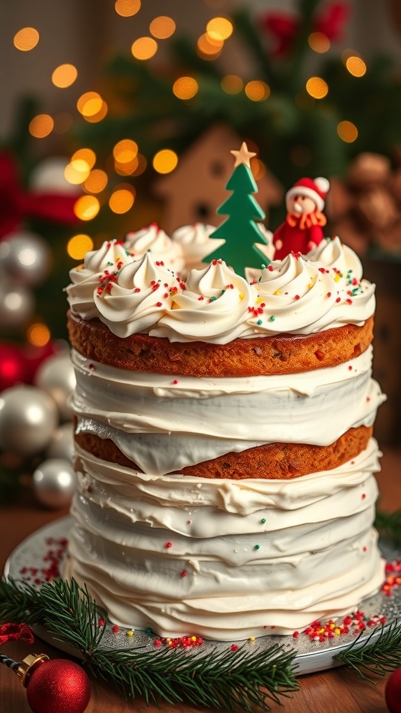 A festive Christmas cake decorated with white frosting, edible glitter, and marzipan figures, set in a cozy holiday atmosphere.